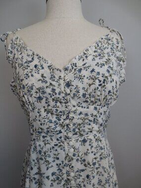 On You Blue & White Floral Button Front Tie Shoulder Flowy Midi Dress Medium